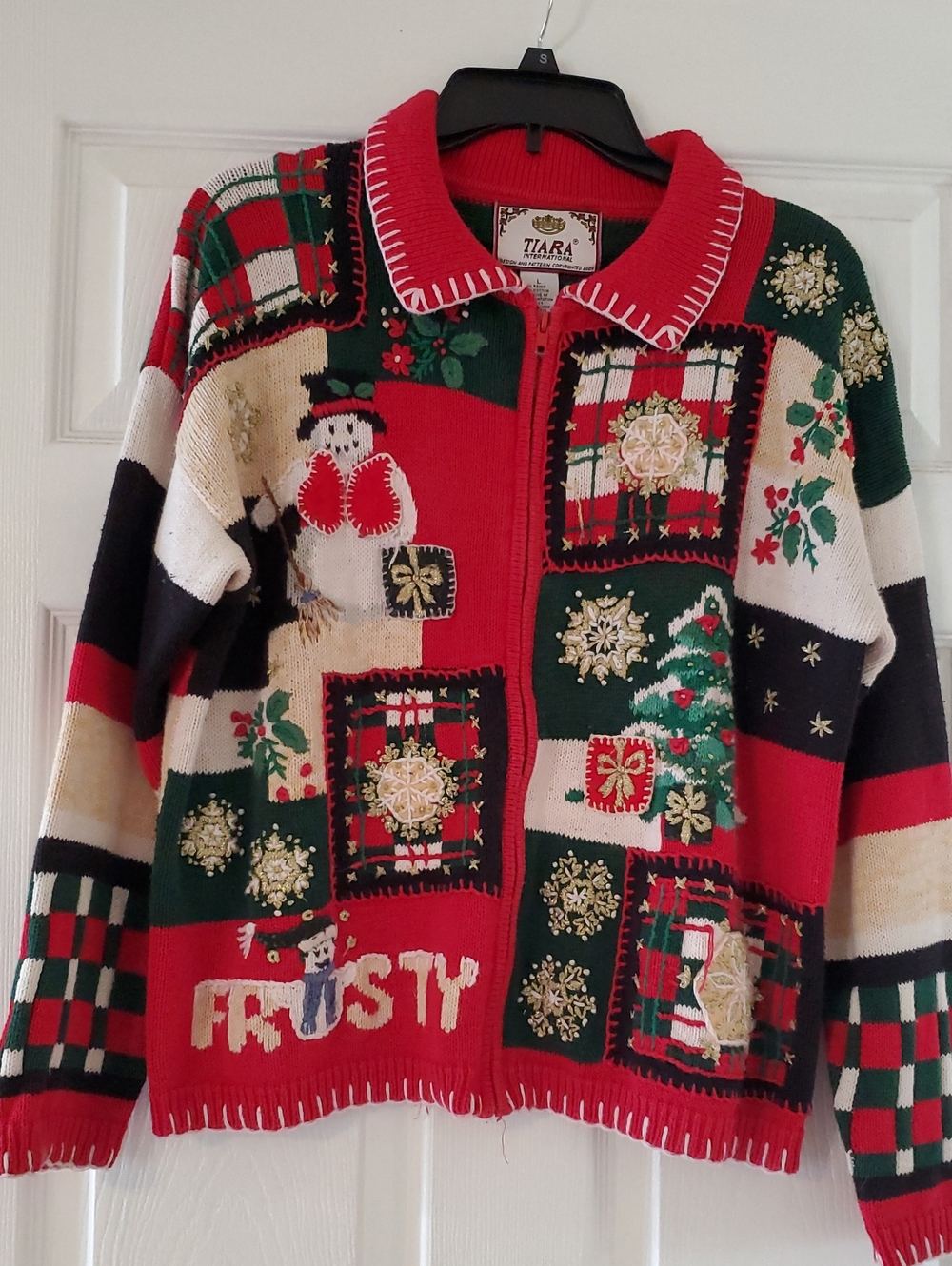 Tiara Red, Green & Cream Holiday Patchwork Sweater Jacket